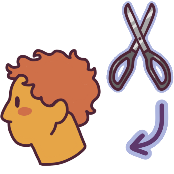 a person’s head in profile, and a pair of scissors pointing to the hair. the hair is loosely curled and short.